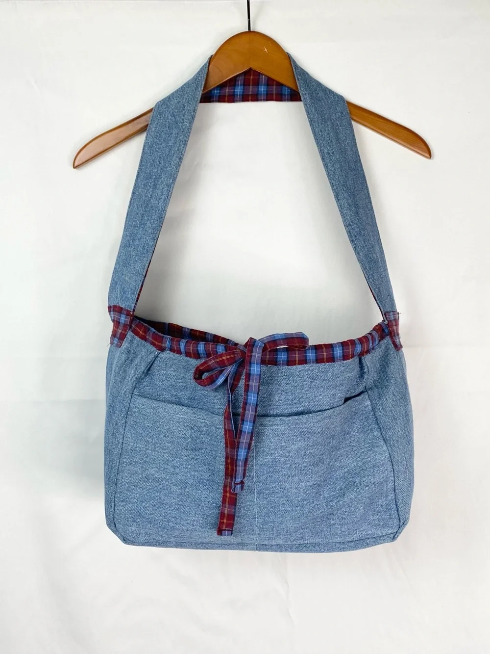 Handmade Denim Flannel Satchel Bag Pockets Shoulder